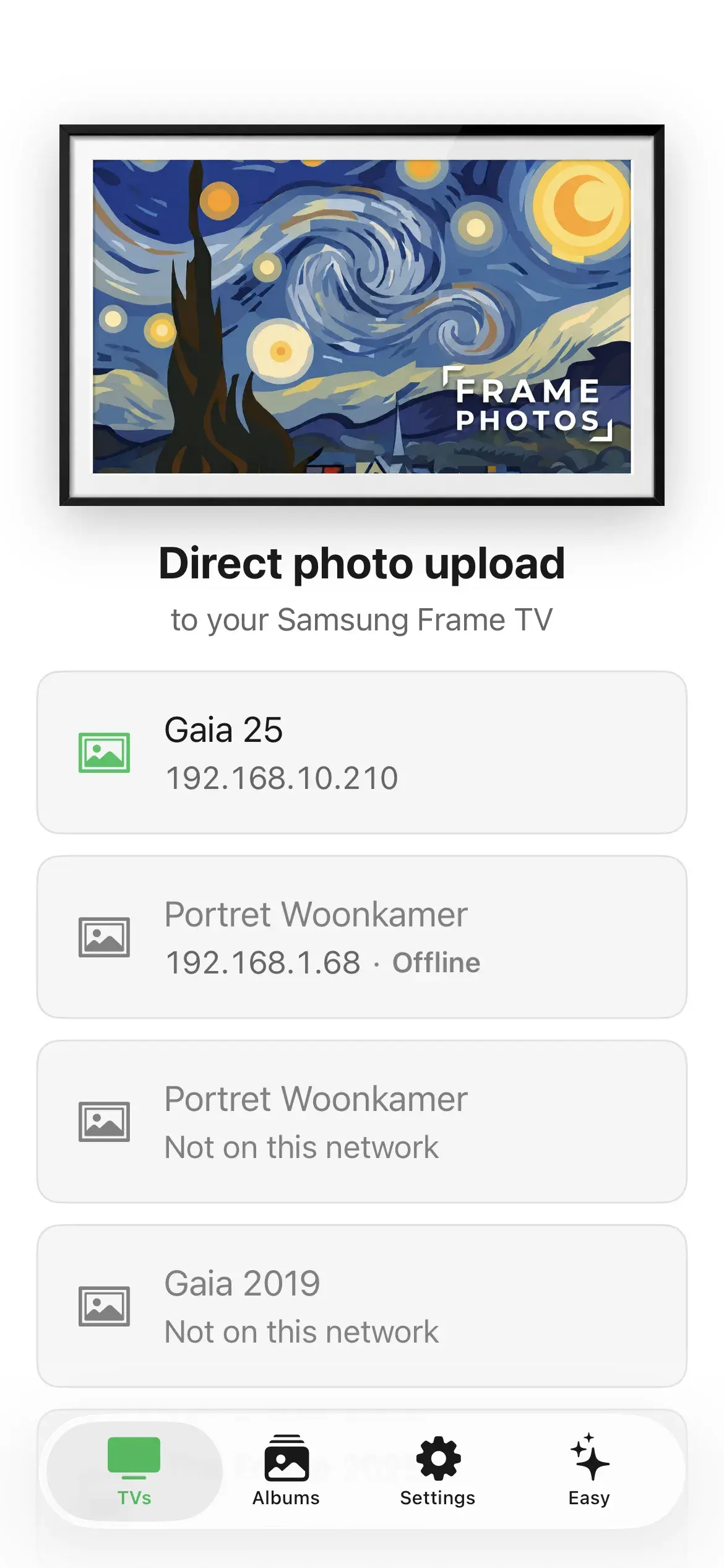 Frame Photos on iPhone showing every Frame TV found on the home WiFi