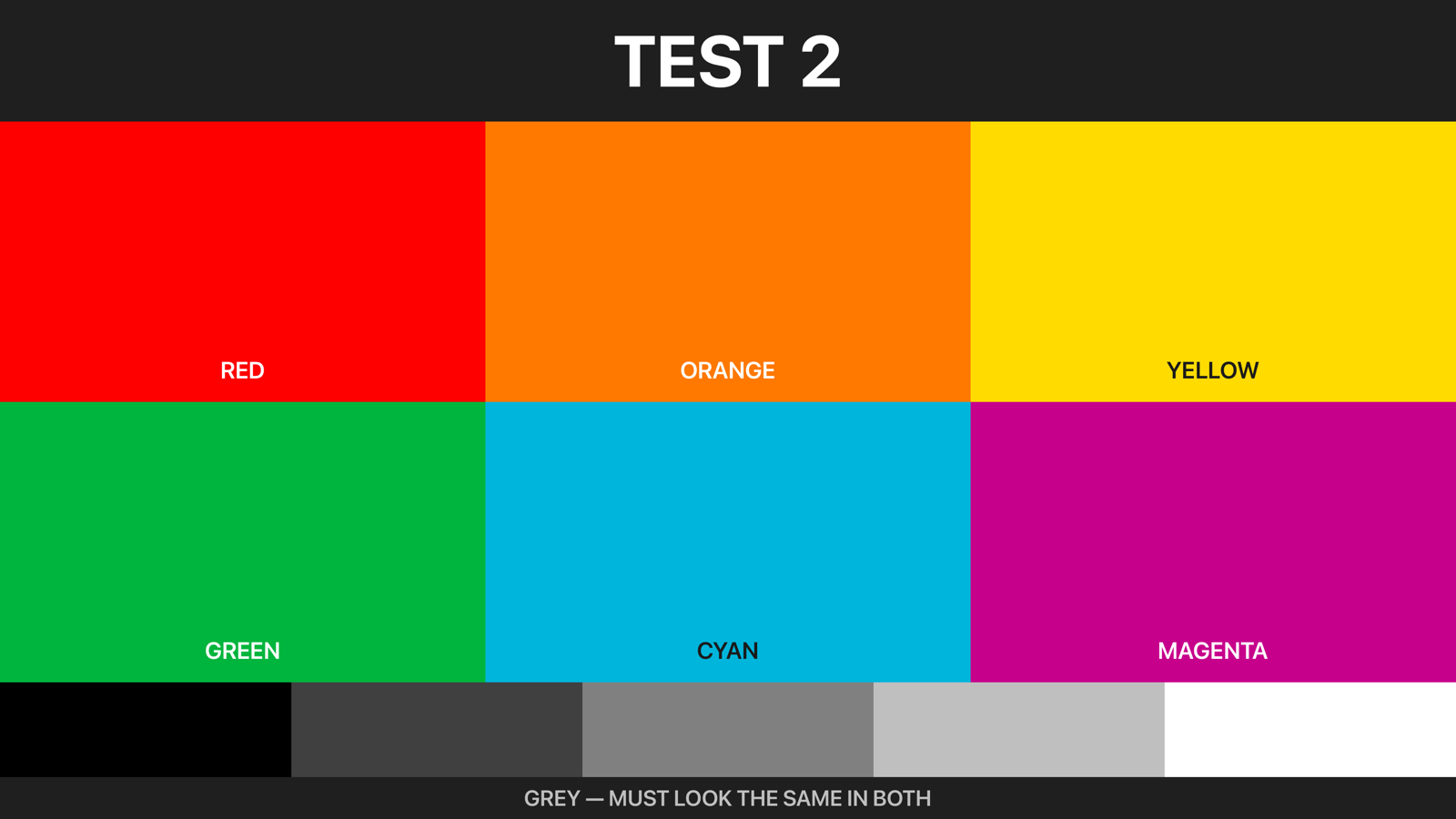 The same colour test pattern sent by Frame Photos — full, saturated colour
