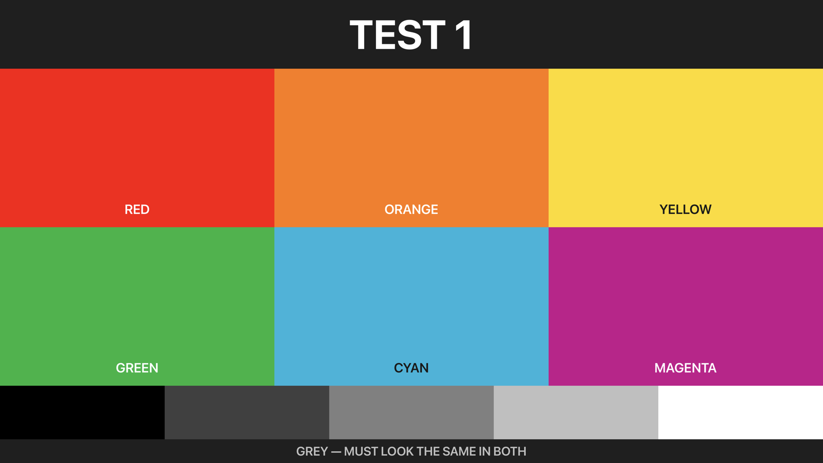 Colour test pattern as the Frame renders it when the photo is sent without conversion — visibly flat and desaturated