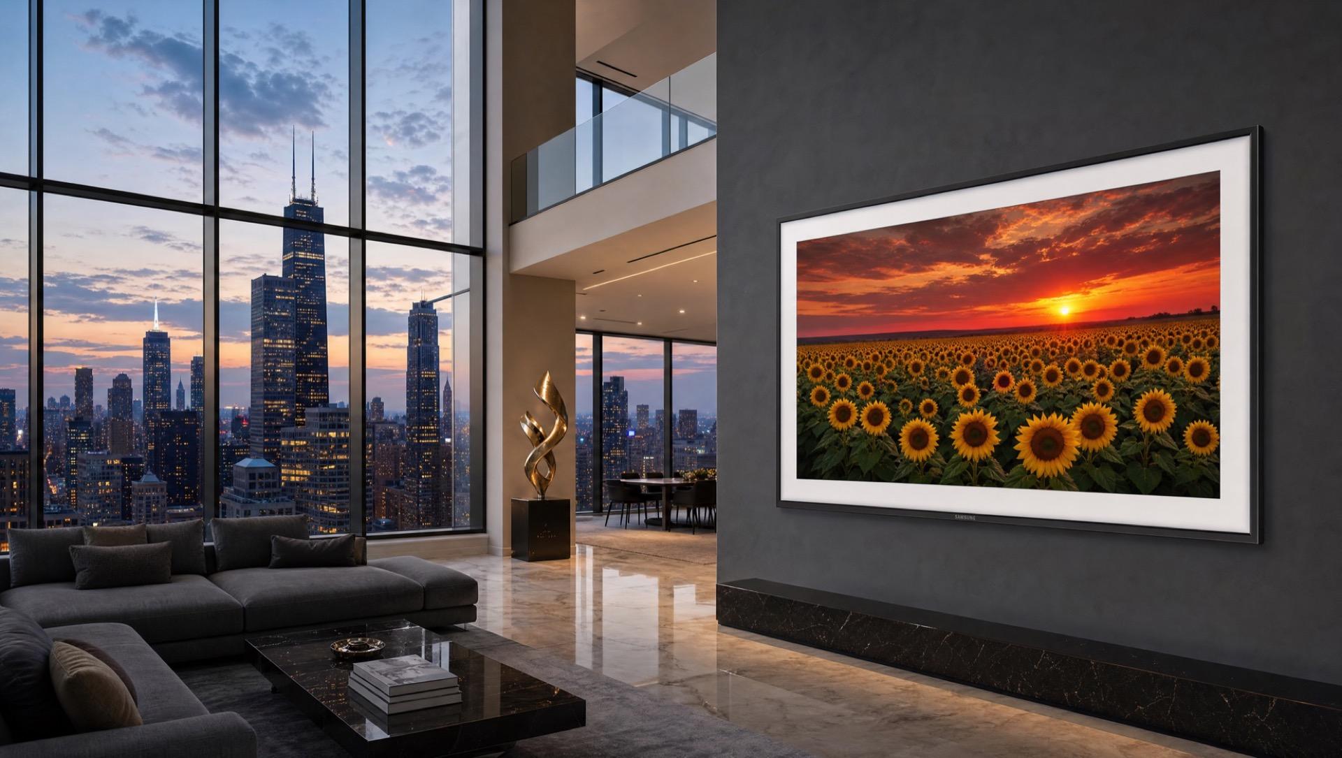 A Samsung The Frame TV showing a sunflower field at sunset, on the dark wall of a city penthouse living room