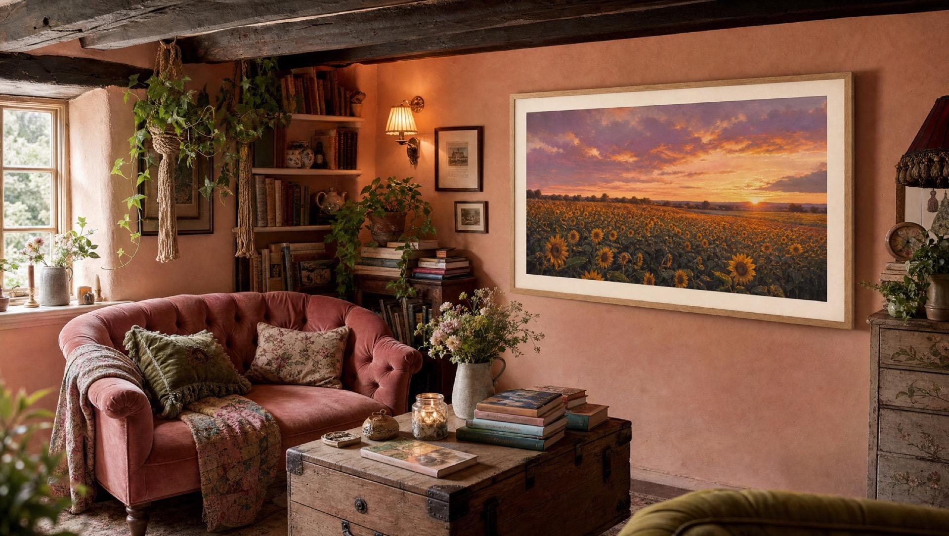 A Samsung The Frame TV showing a sunflower field at sunset in a cozy cottage living room