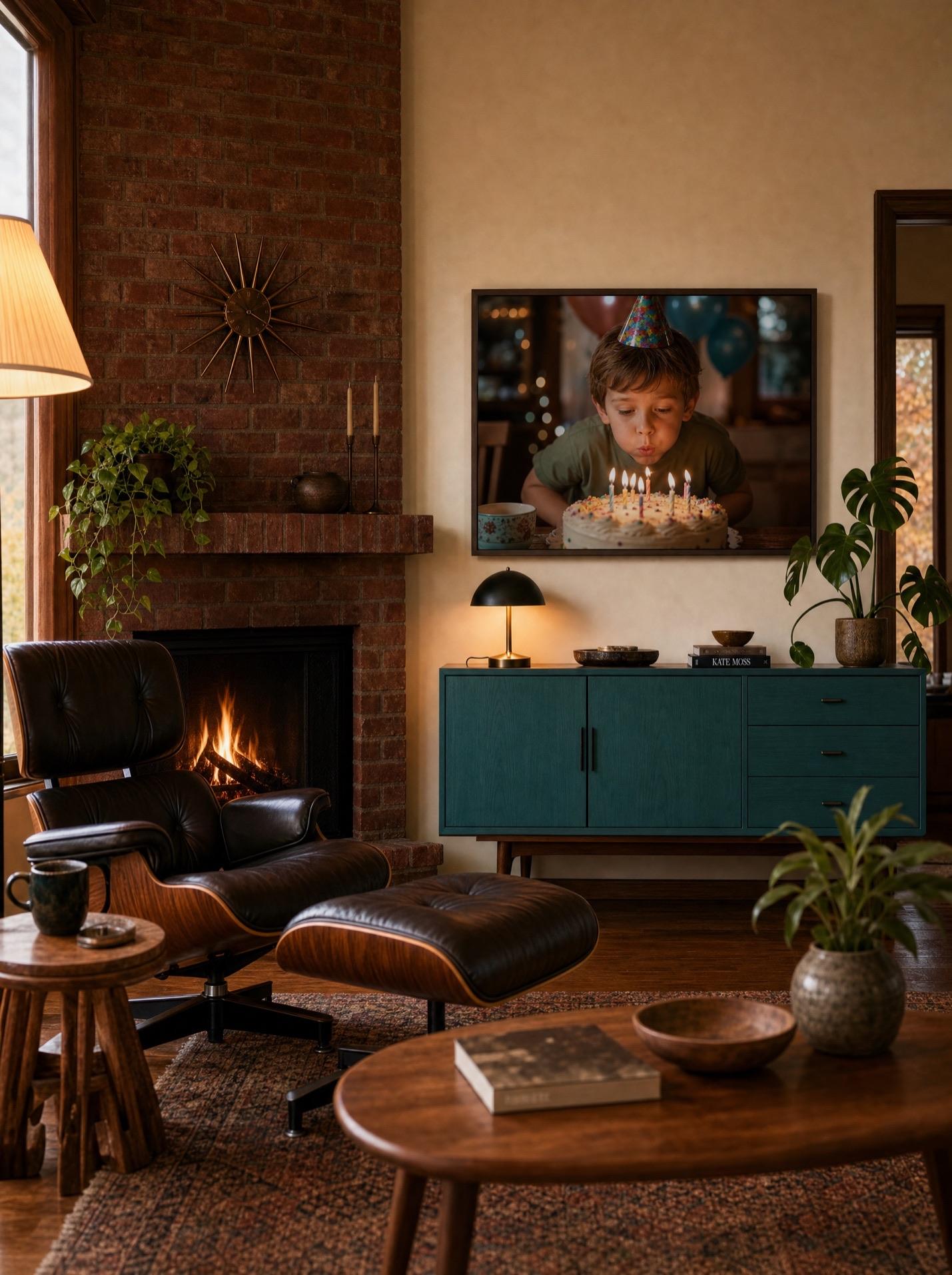 A Samsung The Frame TV showing a child blowing out birthday candles, above a mid-century living room with a fireplace