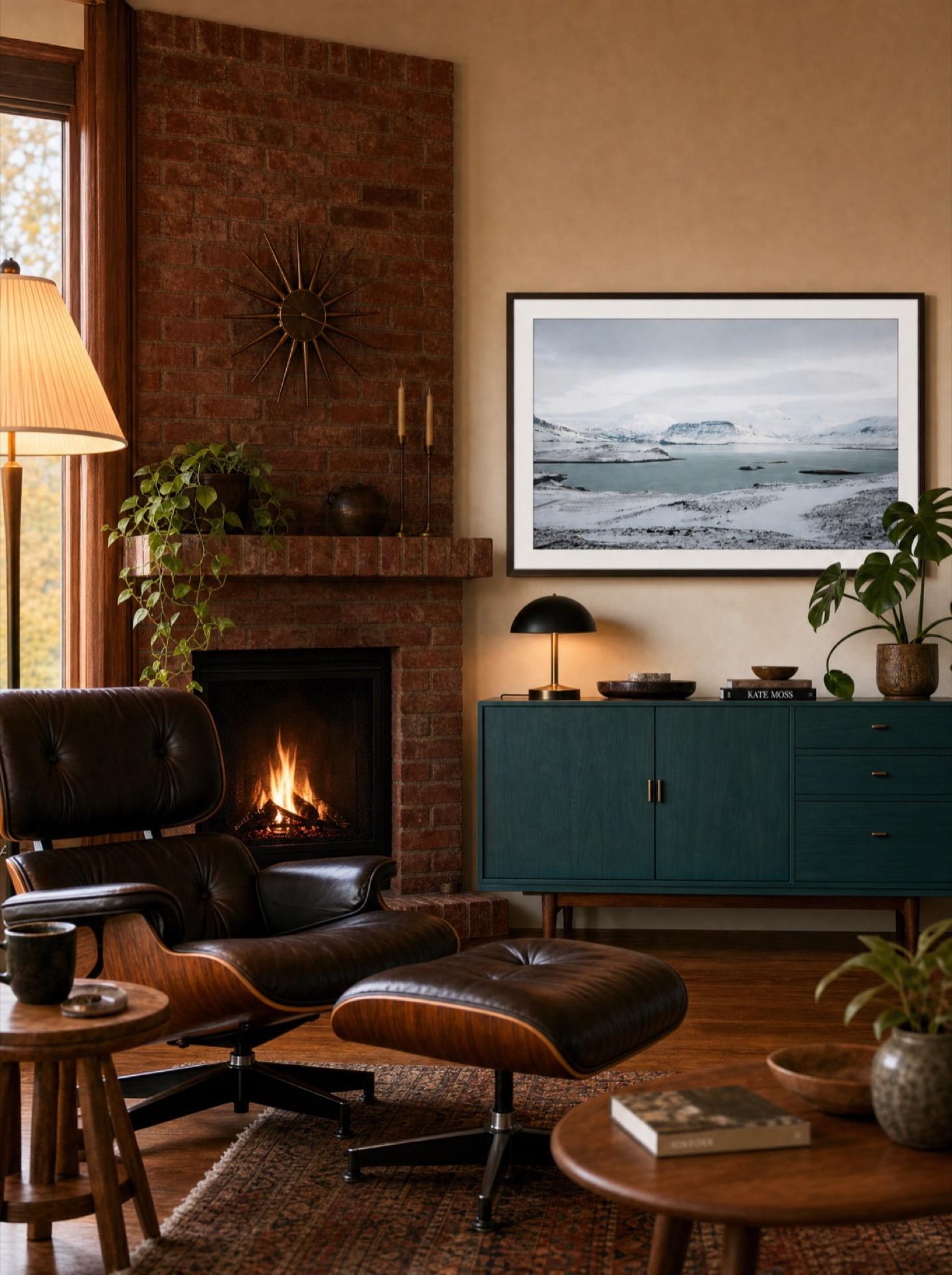 Warm evening living room with a Samsung The Frame above a midcentury fireplace displaying a family photo