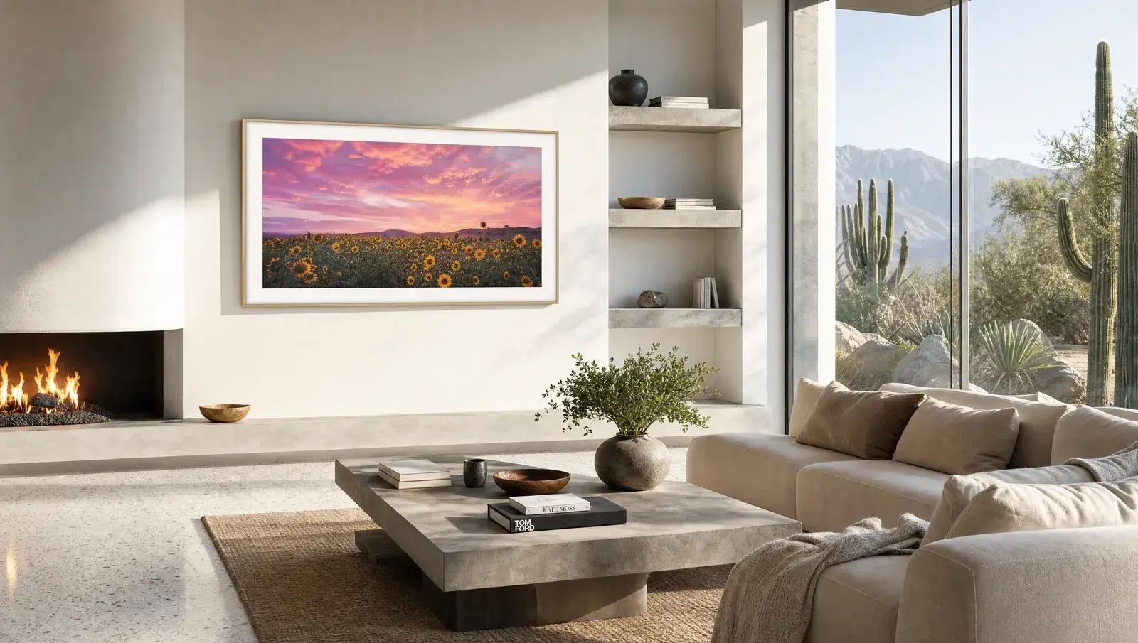 A Samsung The Frame TV showing a sunflower field on the wall of a sunlit living room