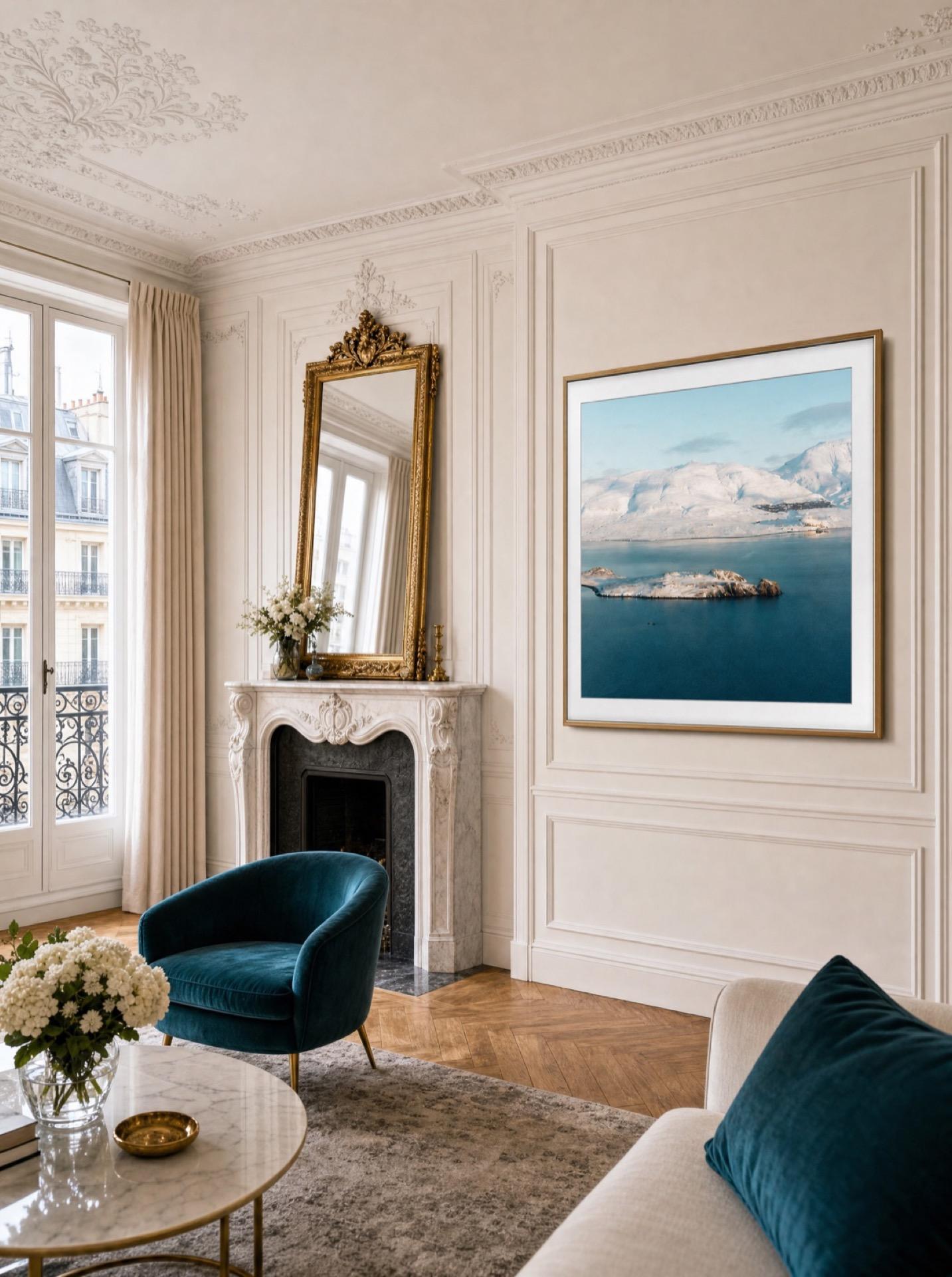 Samsung The Frame TV displaying art in an elegant Haussmann-style rental apartment interior